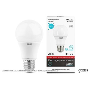  Gauss Лампа Gauss LED Elementary A60  7W Е27  4100K 1/10/100 (23227А)