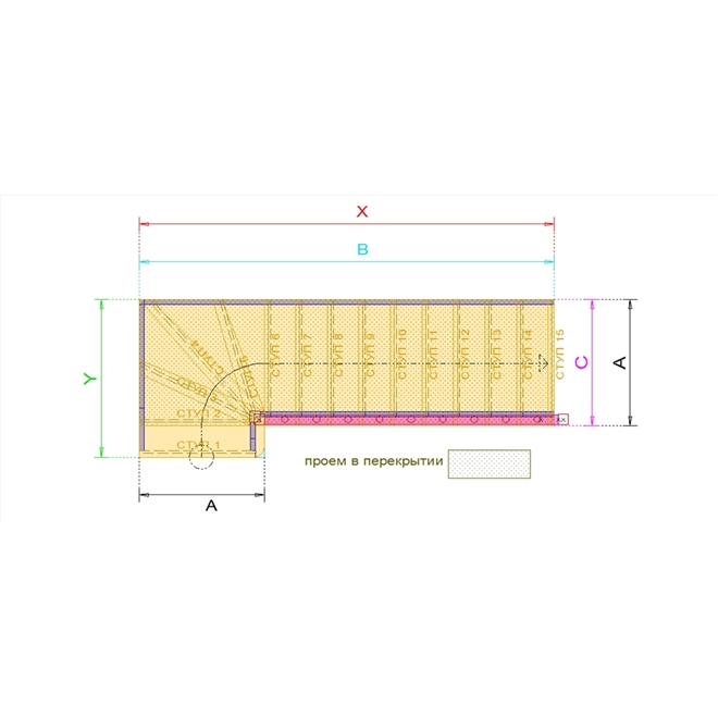 №2.1.2.1. Лестница с поворотом на 90 градусов, с забежными и прямыми ступенями